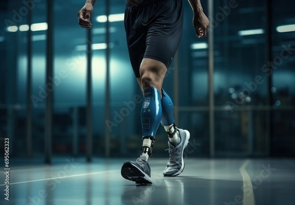 Fototapeta Amputee athlete participates in a race. Man with prosthetic leg. Sportsman disability guy