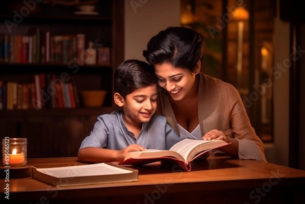 Fototapeta Mother and son indian sharing a moment of reading and learning together at home.