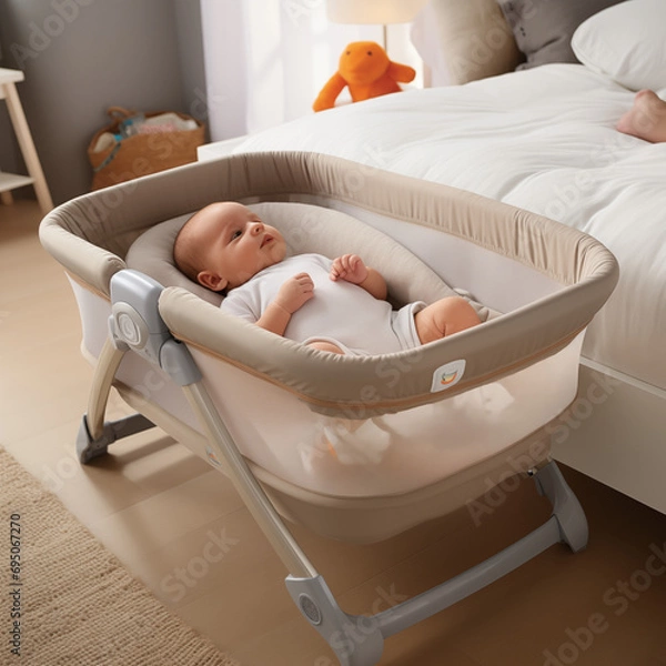 Fototapeta Newborn baby in bedside sleeper, co sleeper, bassinet. An crib. Infant sleeping in bedside bassinet. Safe co-sleeping in a bed side cot.