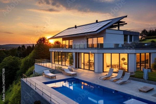 Fototapeta Beautiful house with solar panels on the roof under a bright sky. Sustainable and clean energy at a new eco friendly home.