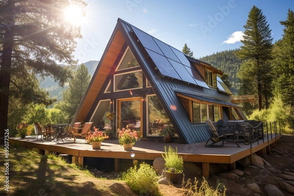 Fototapeta Beautiful house with solar panels on the roof under a bright sky. Sustainable and clean energy at a new eco friendly home.