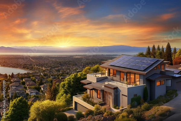 Fototapeta Beautiful house with solar panels on the roof under a bright sky. Sustainable and clean energy at a new eco friendly home.