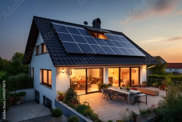 Fototapeta Beautiful house with solar panels on the roof under a bright sky. Sustainable and clean energy at a new eco friendly home.