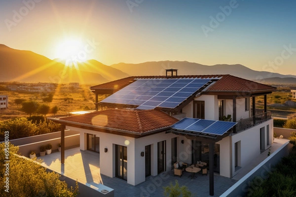 Fototapeta Beautiful house with solar panels on the roof under a bright sky. Sustainable and clean energy at a new eco friendly home.