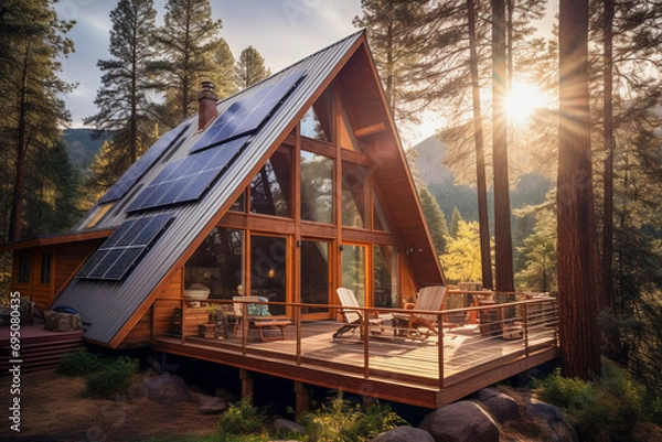 Fototapeta Beautiful house with solar panels on the roof under a bright sky. Sustainable and clean energy at a new eco friendly home.
