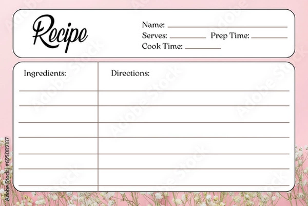 Obraz Blank Recipe Cards for Bridal Shower and Wedding, recipe card template, pink flower background