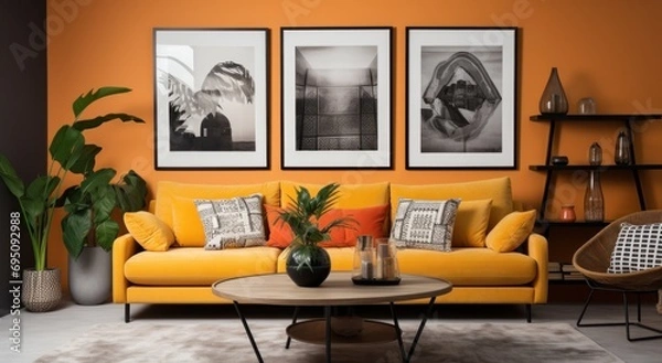 Fototapeta an orange couch with framed pictures in a living room