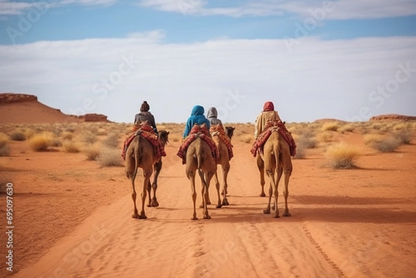 Fototapeta Joyful Tourist on Group Camel Ride in Desert