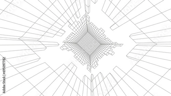 Obraz Digital destroyed black tunnel. Wireframe grid box, network connection technology. Futuristic portal pattern. Vector illustration.