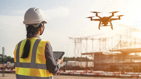 Fototapeta Operator flying the drone for the inspection at the site.
