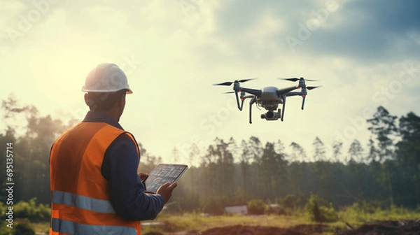 Fototapeta Operator flying the drone for the inspection at the site.