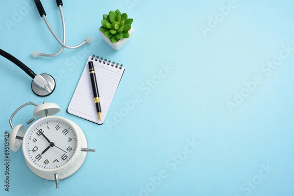 Obraz Stethoscope, clock, pen, notebook, and greenery on a blue background