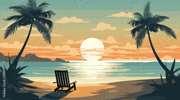 Fototapeta travel themed vector background tropical beach shades of sandy beige and ocean blue. a vector illustration of a tranquil beach scene with palm trees, turquoise waters, and sun loungers.