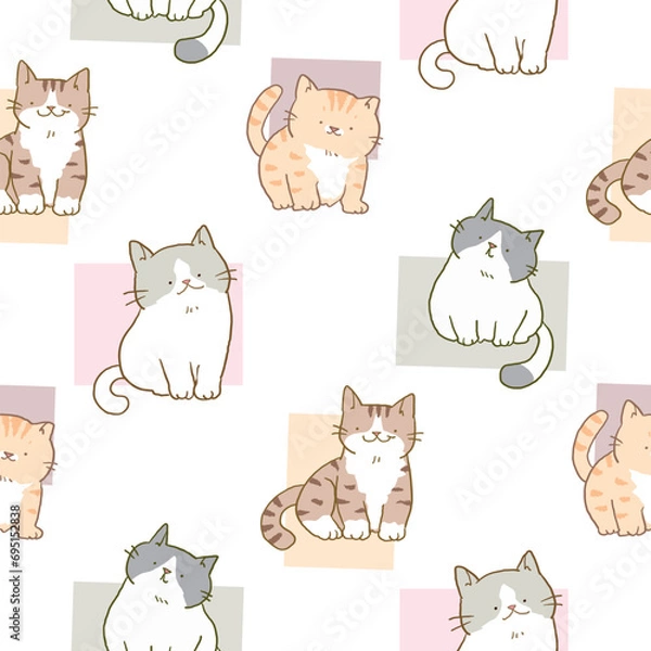 Fototapeta Seamless Pattern of Cartoon Cat and Pastel Square Design on White Background