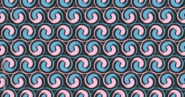 Fototapeta Connected pink and blue drops twisted into a spiral on a black background. Abstract endless texture with repeating ornament. Vector seamless pattern for wrapping paper, surface texture, web and print