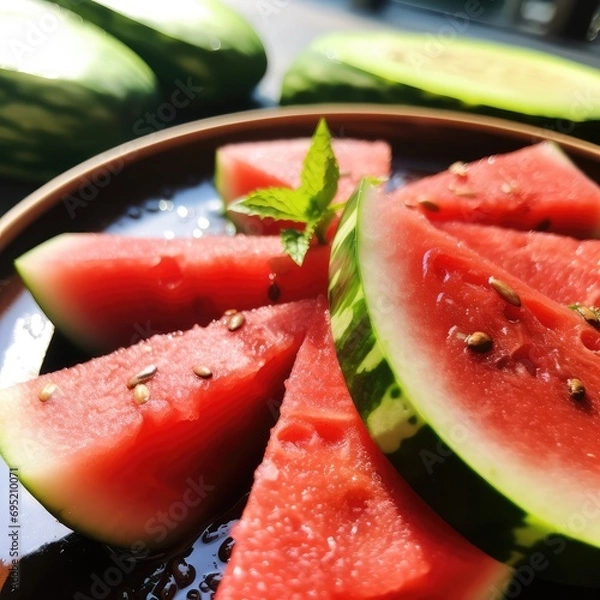 Fototapeta plate of fresh sliced watermelon. Generative AI