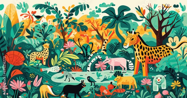 Fototapeta vector illustration depicting a wild jungle adventure populated by doodle animals, plants, and explorers, playful jungle setting