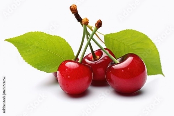 Fototapeta Three cherries with leaves on a white surface. Can be used for food and nutrition-related projects