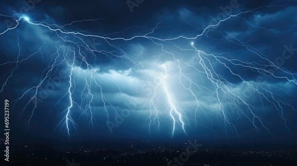 Fototapeta A powerful lightning storm illuminating the night sky over a ...