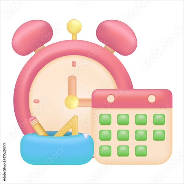 Fototapeta Alarm clock, pencil stand and calendar icon for Education and online class concept. School vector element.