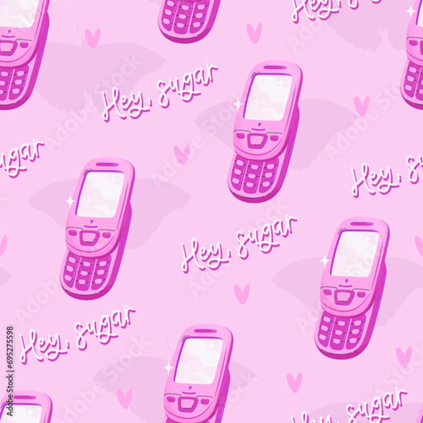 Obraz Y2K pink seamless pattern. Y2K trendy pattern with old mobile phone, pink background and text "Hey, sugar". Pink doll aesthetics. Vector seamless background.