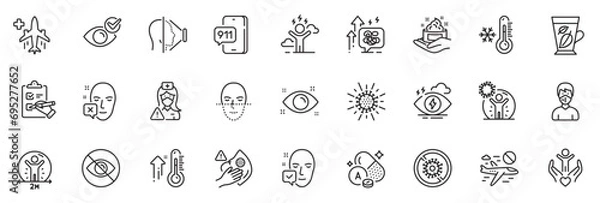 Obraz Icons pack as Not looking, Vitamin a and Stop coronavirus line icons for app include Health eye, Dirty mask, Difficult stress outline thin icon web set. Medical flight. Vector