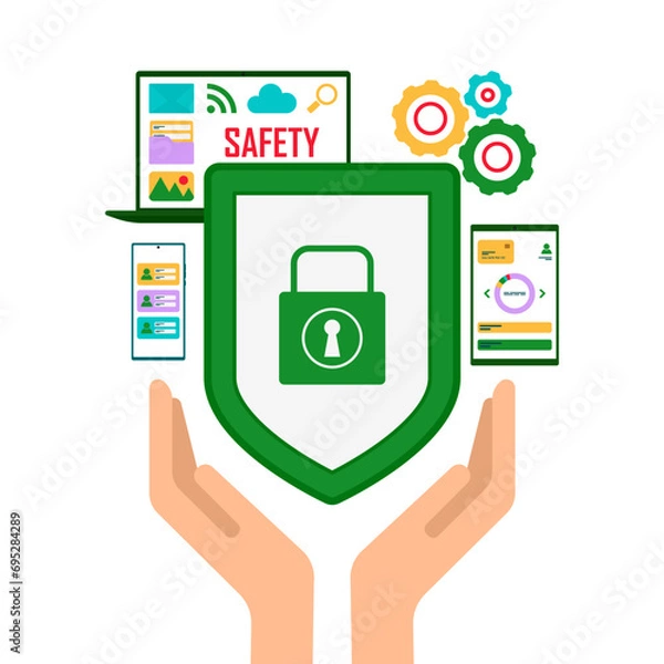 Fototapeta Security system concept. Shield with lock and electronic personal devices