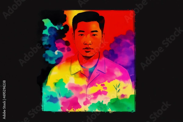 Fototapeta An illustration of a young asian man. Silhouette. Watercolor paint. Generative AI