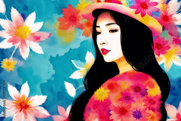 Fototapeta An illustration of a young asian woman. Silhouette. Watercolor paint. Generative AI