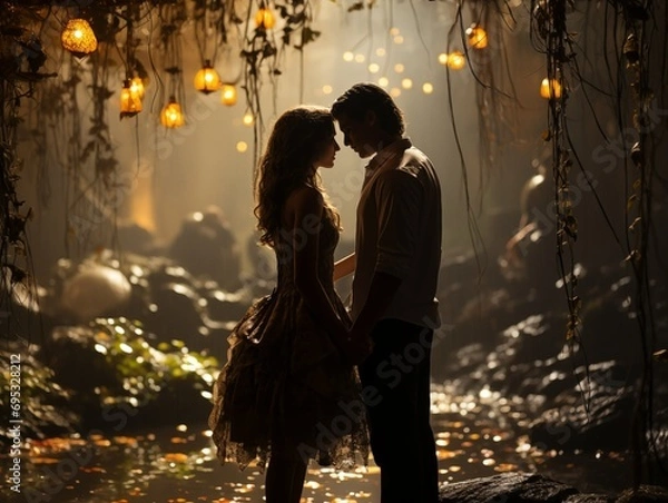 Fototapeta Couple standing close in a mystical, lantern-lit forest