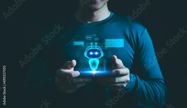 Fototapeta Businessman use smartphone chat Ai smart robot, Artificial intelligence digital technology, Chatbot chat of Customers acres information online internet network, Futuristic technology transformation.