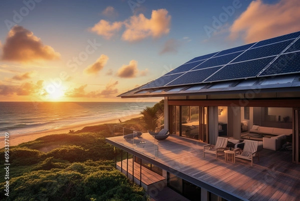 Fototapeta Beautiful house with solar panels on the roof under a bright sky. Sustainable and clean energy at a new eco friendly home.