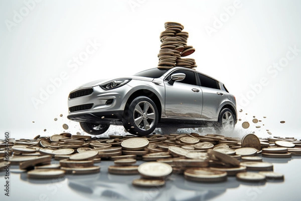 Fototapeta Stack of coin and miniature silver car on it, Finance and car loan, saving money for a car, buying auto finance concept, AI Generative.