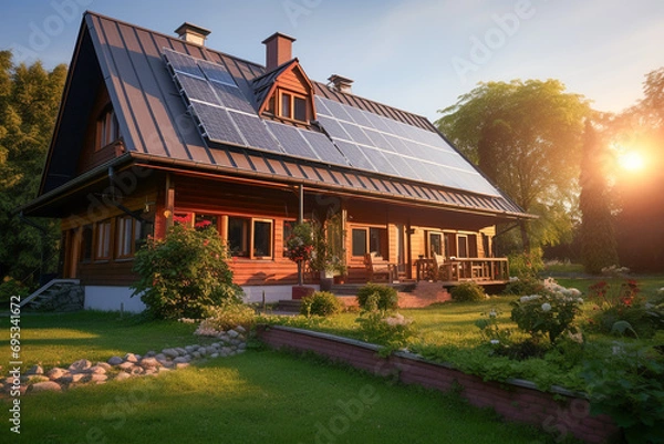 Fototapeta Beautiful house with solar panels on the roof under a bright sky. Sustainable and clean energy at a new eco friendly home.