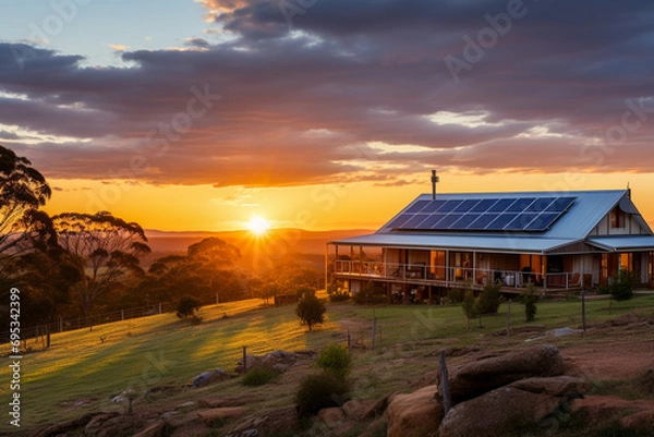 Fototapeta Beautiful house with solar panels on the roof under a bright sky. Sustainable and clean energy at a new eco friendly home.