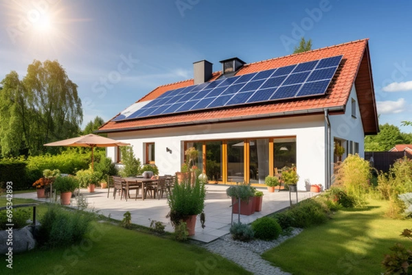 Fototapeta Beautiful house with solar panels on the roof under a bright sky. Sustainable and clean energy at a new eco friendly home.