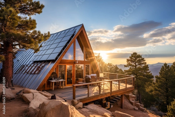 Fototapeta Beautiful house with solar panels on the roof under a bright sky. Sustainable and clean energy at a new eco friendly home.