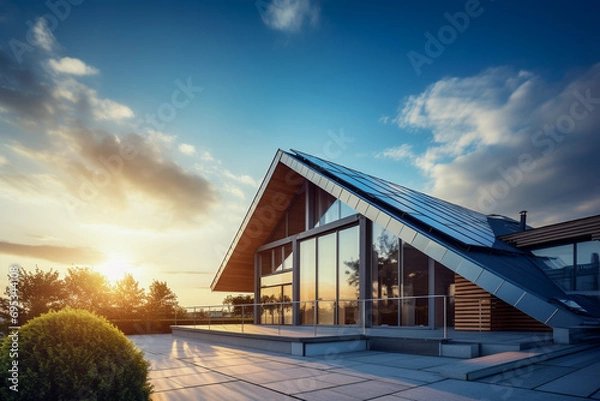 Fototapeta Beautiful house with solar panels on the roof under a bright sky. Sustainable and clean energy at a new eco friendly home.