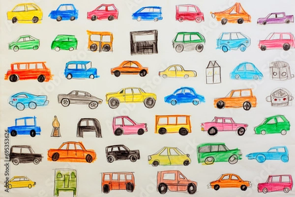 Fototapeta Drawing pictures of cute cars by children