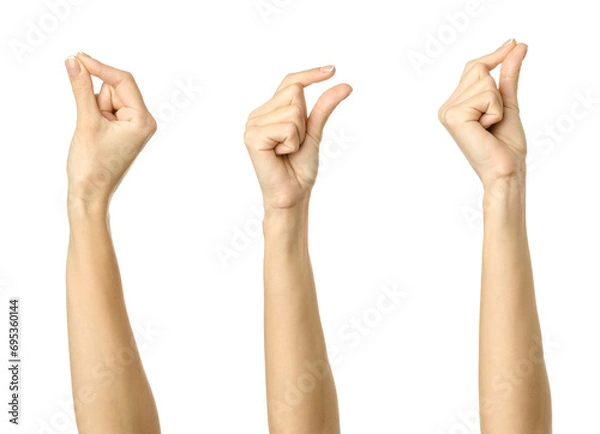 Fototapeta Hand pinching, holding or measuring something gesture. Multiple images set of female caucasian hand with french manicure pinching, holding or measuring something