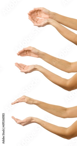 Fototapeta Cupped hands. Multiple images set of female caucasian hand with french manicure showing Cupped hands gesture