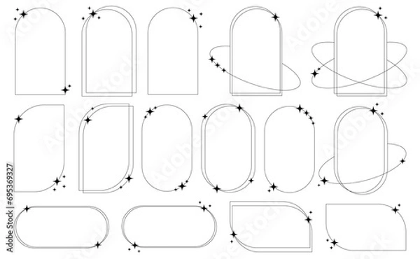 Fototapeta Set of geometric aesthetic abstract line frames and shapes with stars boho, brutalism, Y2K style. Geometric elements with sparkles for template design social media, poster, banner, logo, stickers