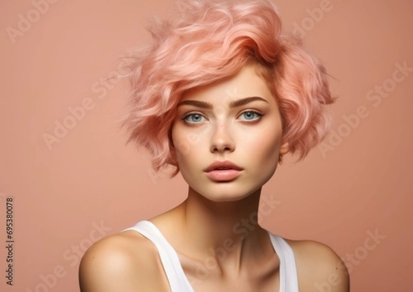 Fototapeta Portrait of cute lovely beautiful girl in casual outfit with modern hairdo and looking at camera isolated on peach fuzz background