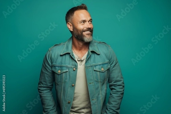 Fototapeta Portrait of a blissful man in his 40s sporting a rugged denim jacket against a pastel teal background. AI Generation