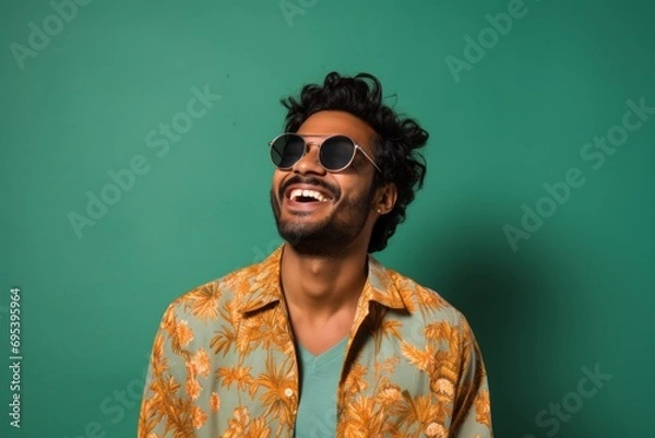 Fototapeta Portrait of a smiling indian man in his 20s wearing a trendy sunglasses against a soft green background. AI Generation