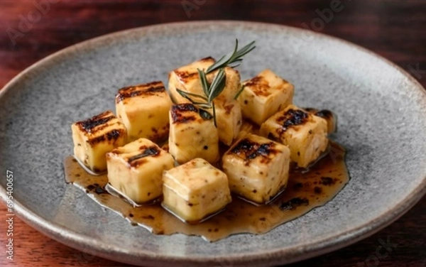 Fototapeta Coalho cheese in cubes and baked on a plate drizzled with honey. Created with generative Ai technology.