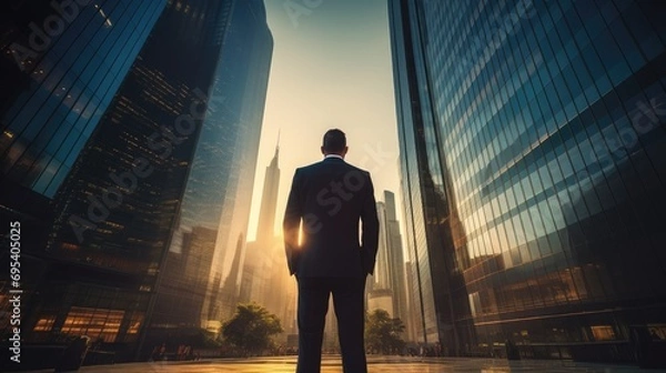Obraz Cityscape Confidence: Businessman Embracing Modern Life by Skyscraper