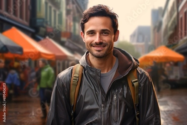 Fototapeta Portrait of a smiling man in his 30s dressed in a water-resistant gilet against a vibrant market street background. AI Generation