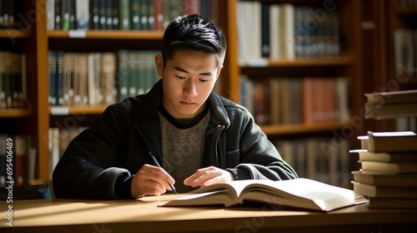 Obraz Focused student studying alone in a library with books piled high