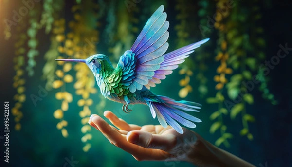 Fototapeta A hummingbird in flight, with wings fashioned from delicate, translucent paper in a 16_9 ratio, realistic and suitable for a best-seller on Adobe Stoc.